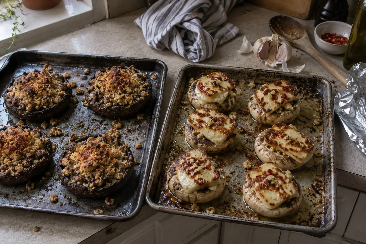 2 façons de farcir les champignons de saison : portobello aux noix ou champignons de Paris au halloumi