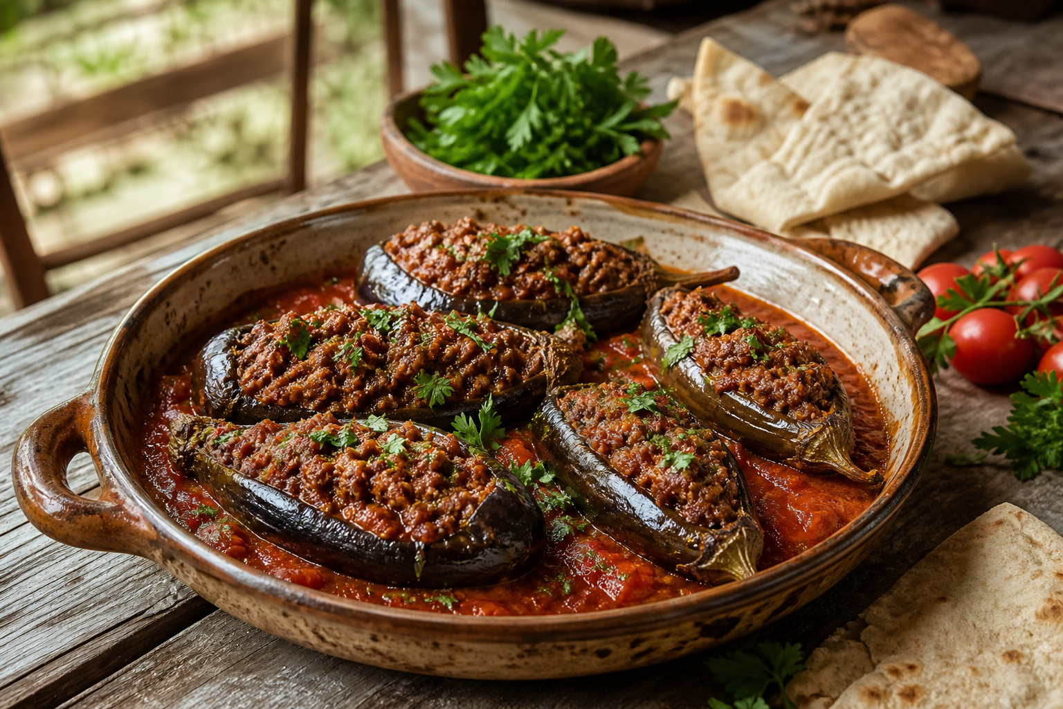 Les aubergines farcies à la libanaise révèlent la viande hachée