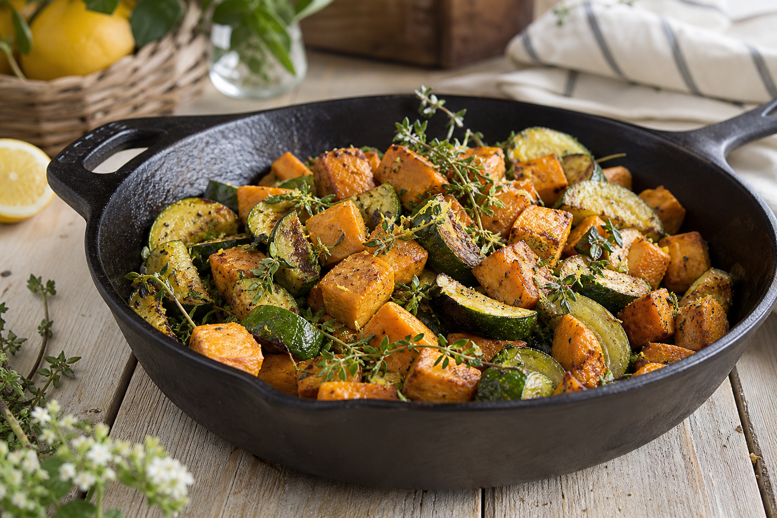 La poêlée de patate douce et courgette qui reste bien dorée