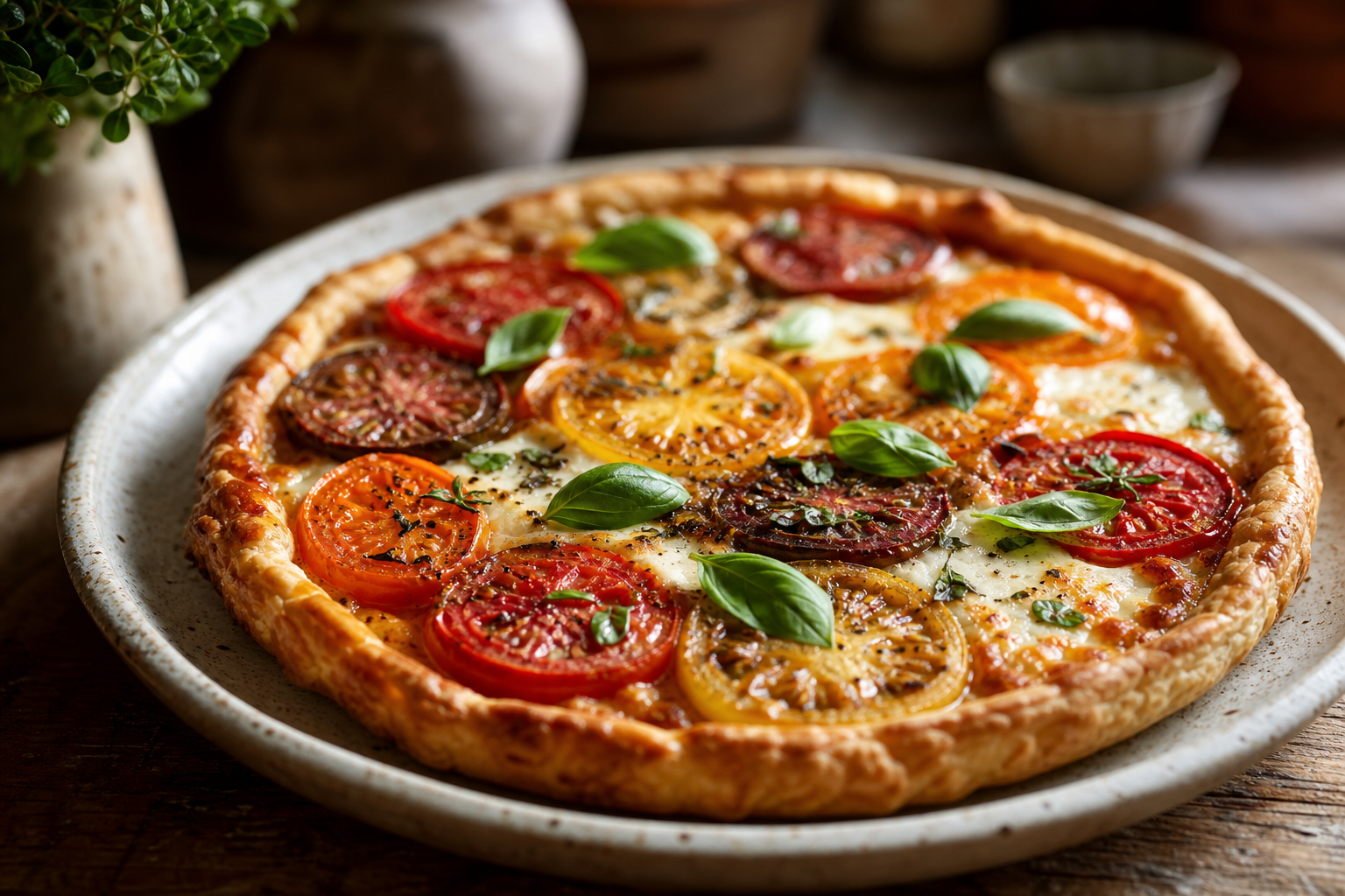 La tarte tomate mozza, fine et croustillante, se prépare facilement
